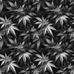 black and white seamless pattern with cannabis marijuana leaf for fabric decor