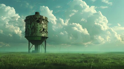 Water tower supply in green meadow - obrazy, fototapety, plakaty