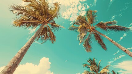 A throwback photograph capturing the beauty of a tropical beach with palm trees reaching towards a clear blue sky, edited with a vintage filter for nostalgic vibes