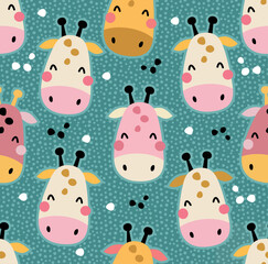 Vector colorful illustration of pattern with stylized cows. Art in cartoon style with simple shapes.