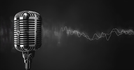 A vintage microphone with sound waves on dark background for podcast banner - obrazy, fototapety, plakaty
