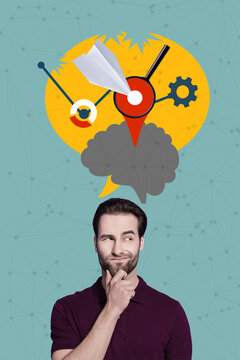 Composite trend artwork sketch 3D photo collage of young uncertain smart handsome man mind cloud with ideas flight cogwheel brain point