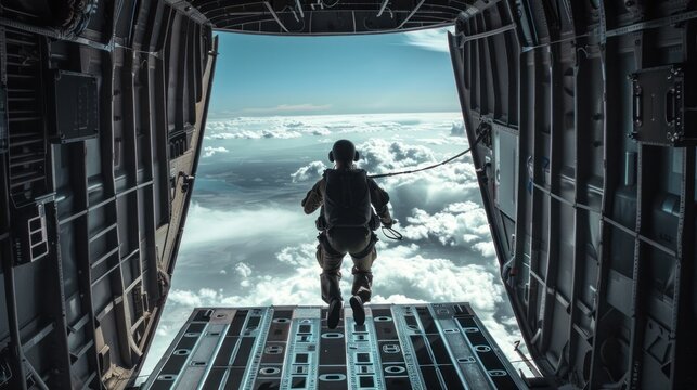 Airborne soldiers with parachutes on their backs jump out of the plane