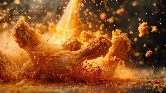 Cinematic advertising photos, close-up shots, backlights, fried chicken legs, crispy fried powder