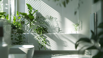 Natural light filters through the leaves, highlighting the invigorating shower area surrounded by vibrant plants