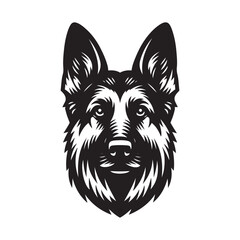 German Shepherd Face Close-Up Vector - Alert Expression and Erect Ears in Black and White