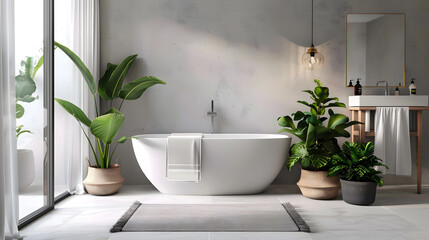 Fototapeta premium A warm and inviting bathroom scene with earthy plant pots and a soothing blend of natural materials and greenery