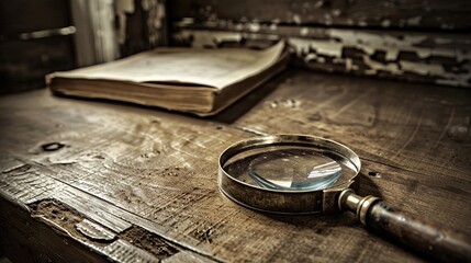 Vintage sepia tones reminiscent of old detective novels, a single antique magnifying glass resting on a worn wooden desk - obrazy, fototapety, plakaty