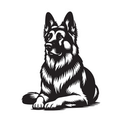 Attentive Sitting German Shepherd Vector - Focused Look Forward in Black and White