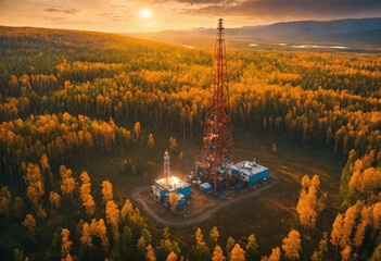 Raw materials mining industry in Siberia. Oil and gas production rigs in the autumn taiga at evening time. - obrazy, fototapety, plakaty