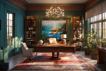 Office with windows and classic work interior