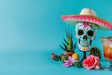 A skull with a sombrero and a glass of margarita sits on a table with a blue background