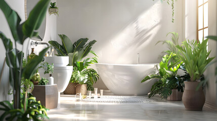 A large, airy bathroom features a variety of indoor plants surrounding a luxurious freestanding bathtub