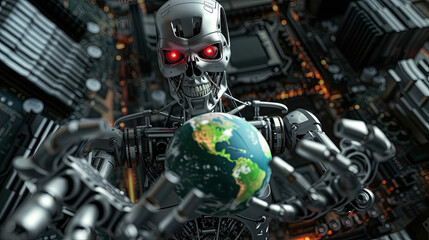 scary menacing facial expression of AI robot with red eyes looking into camera holding the earth in its hands. - obrazy, fototapety, plakaty