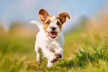 Spring, summer concept, playful happy pet dog puppy running in the grass and listening with funny ears