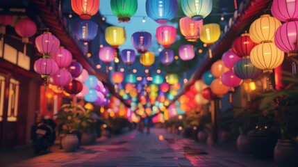Colorful Lanterns Adorning a Traditional Asian Street at Dusk - obrazy, fototapety, plakaty