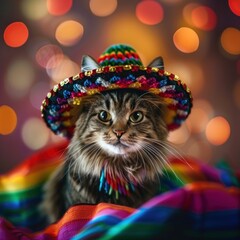 Fototapeta na wymiar A cat wearing a sombrero is sitting on a colorful blanket. Cat with mexican hat blurred background cinco de mayo