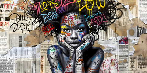 Graffiti, collage of grunge newspapers and multicolored painting splash, illustration of an African woman with a dreamy expression, urban graphic artwork, street art, mixed media - obrazy, fototapety, plakaty