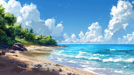 Illustration Depicting Captivating Sea Shore Wallpaper