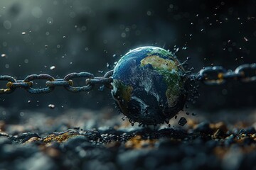 3D model of the Earth breaking free from plastic chains - obrazy, fototapety, plakaty
