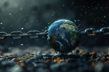 Foto op Plexiglas 3D model of the Earth breaking free from plastic chains © Woraphon