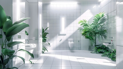 A modern, bright hospital bathroom designed for accessibility, blending functionality with green plant accents