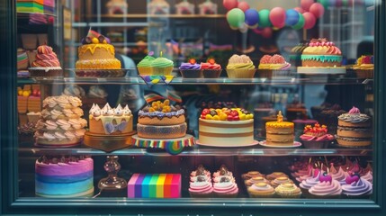 A Delectable Array of Colorful Cakes and Pastries Displayed Behind Glass - obrazy, fototapety, plakaty
