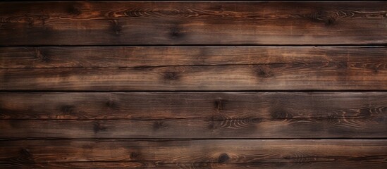 Fototapeta na wymiar A closeup of a brown hardwood rectangular table plank with a wood stain finish. The beautiful wood grain pattern pops against a blurred background