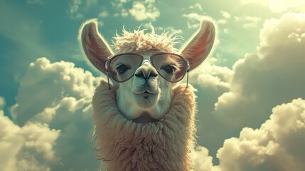 Fototapeta premium an llama in the clouds with sunglasses