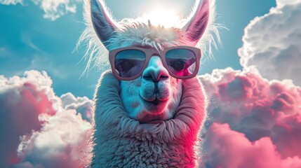 an llama in the clouds with sunglasses - obrazy, fototapety, plakaty