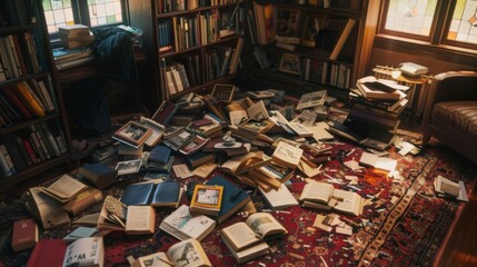 A Cozy Corner of Literary Chaos: Unraveling the Serenity in a Room Full of Scattered Books - obrazy, fototapety, plakaty