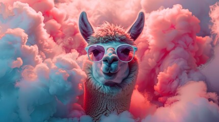 Fototapeta premium an llama in the clouds with sunglasses