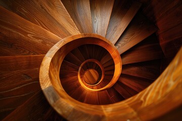 a wooden spiral staircase,  looking down.