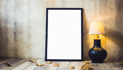 White poster on floor with blank frame mockup for you design. Layout mockup good use for your design preview.