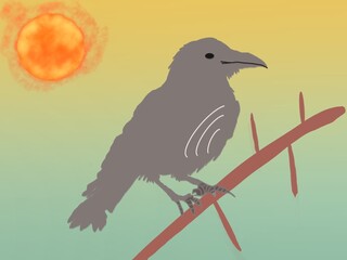 The crow on a branch with colourful background