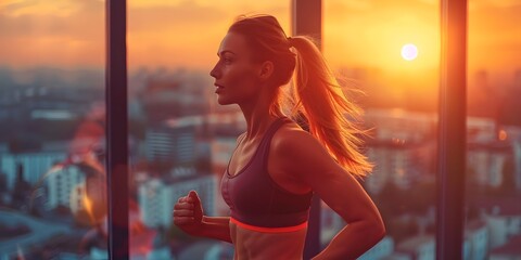 A woman running in a city with a sunset in the background - obrazy, fototapety, plakaty