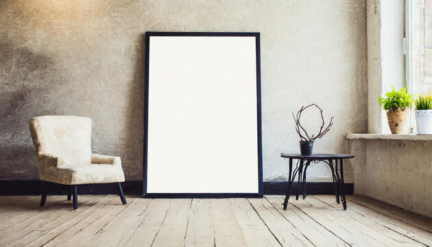 White poster on floor with blank frame mockup for you design. Layout mockup good use for your design preview.