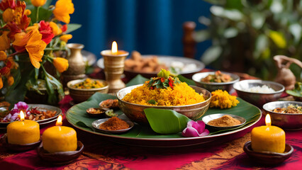 A food table set for the Sinhala-Tamil New Year, showcasing traditional dishes and beautifully lit by yellow candles. - obrazy, fototapety, plakaty