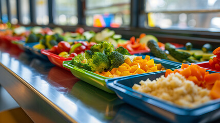 colorful and nutritious school meal spread on a cafeteria tray - obrazy, fototapety, plakaty