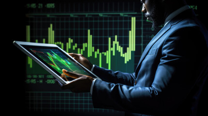 Businessman or trader holding tablet with graphs and charts against black background