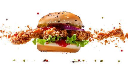falling chicken burger cutout, chicken burger isolated on transparent background, burger advertisement banner promotion marketing 