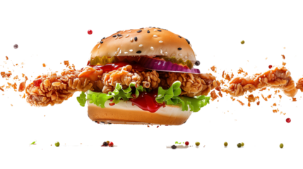 falling chicken burger cutout, chicken burger isolated on transparent background, burger advertisement banner promotion marketing 