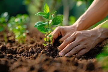 A close-up of hands planting a young tree in fertile soil symbolizing reforestation - obrazy, fototapety, plakaty