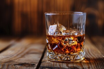 A close-up of whiskey in a crystal glass with ice cubes against a dark wood background