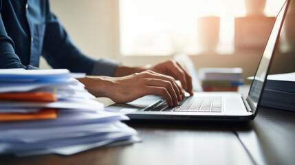 Close-up of a man's hands typing on a laptop keyboard, with a stack of paperwork beside them - obrazy, fototapety, plakaty