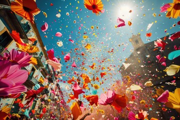 Fototapeta na wymiar A colorful explosion of flower petals thrown in celebration at a festival