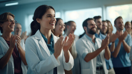 A group of healthcare professionals in lab coats clapping and smiling, seemingly celebrating or acknowledging a success or achievement.