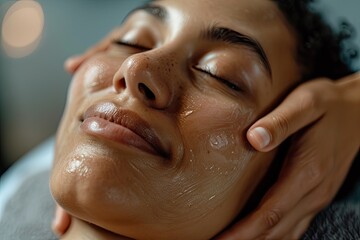 Naklejka premium A serene portrait of a person enjoying a facial massage with a serene expression