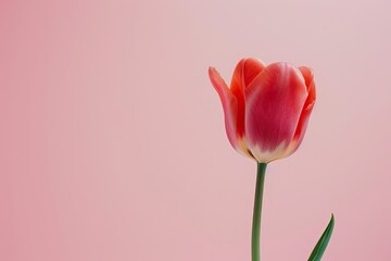 A single vibrant tulip placed against a pastel pink background