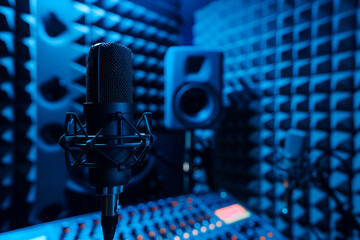 a microphone in front of sound foam against the background of an audio recording studio with blue...